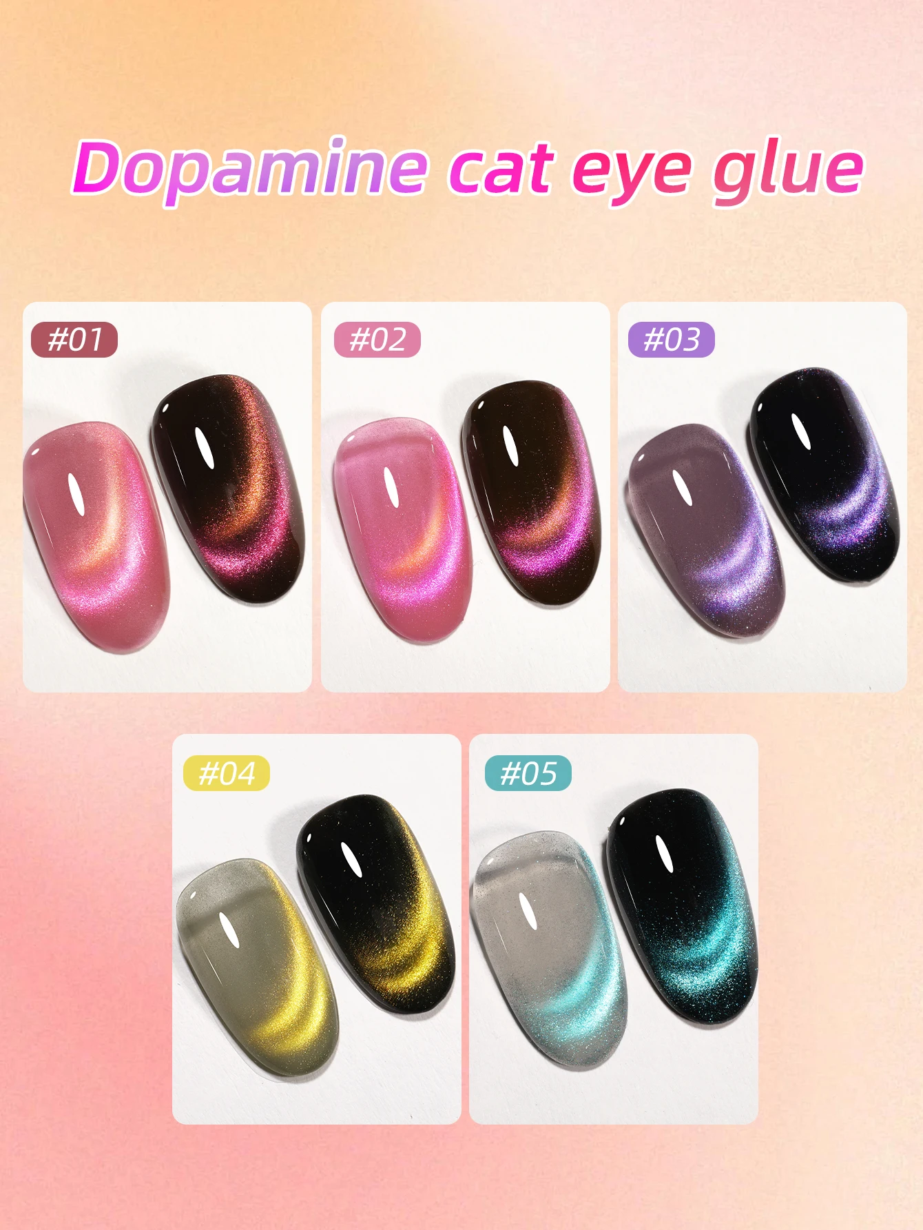 XEIJAYI 15ml キャッツアイジェルネイルポリッシュセット、サロン向けキラキラ透き通る効果、5色キャッツアイ（ブラックカラー付き）