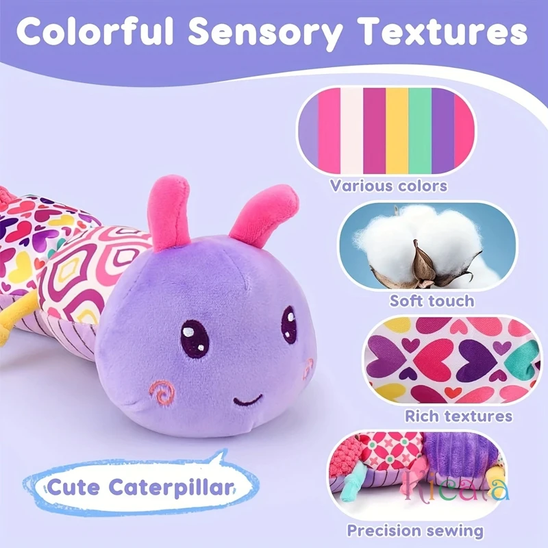 Brinquedo de pelúcia caterpillar musical para bebês com rugas e chocalhos, brinquedo de aprendizagem sensorial para bebês de 0 + meses, recém-nascidos, meninos e meninas