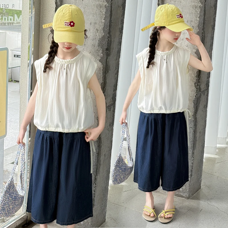 

Girls Sleeveless Vest and Wide-Leg Pants Set Children's Strappy Top + Cropped Pants Two-Piece Set 2025 Summer