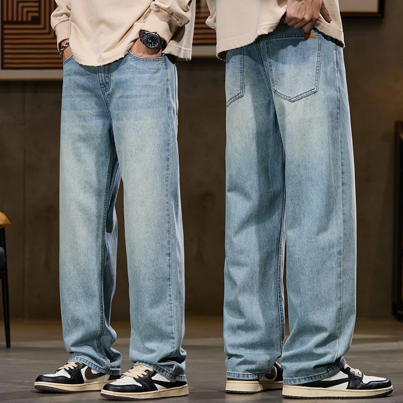 

Новинка 2025, мужские джинсы Tencel, летние тонкие свободные прямые брюки из ледяного шелка в американском стиле, повседневные широкие длинные брюки