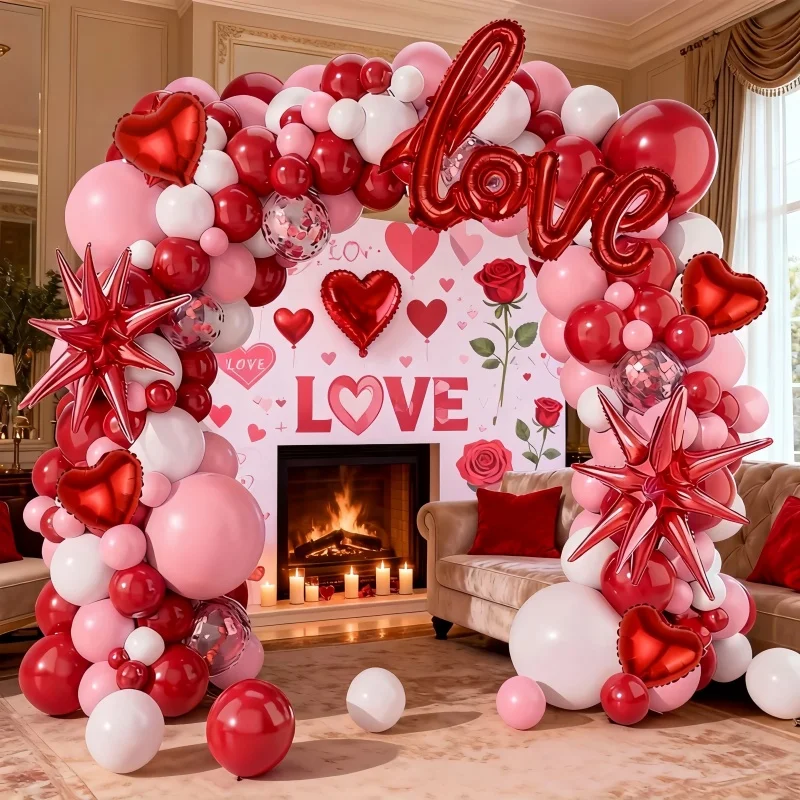 112Pcs Red Pink White Valentine's Day Balloon Arch Set Red Exploding Star Heart Balloons 40inch Red Love Foil Balloons, Suitable for Valentine's Day, Weddings, Engagements, Birthday Party Decorations