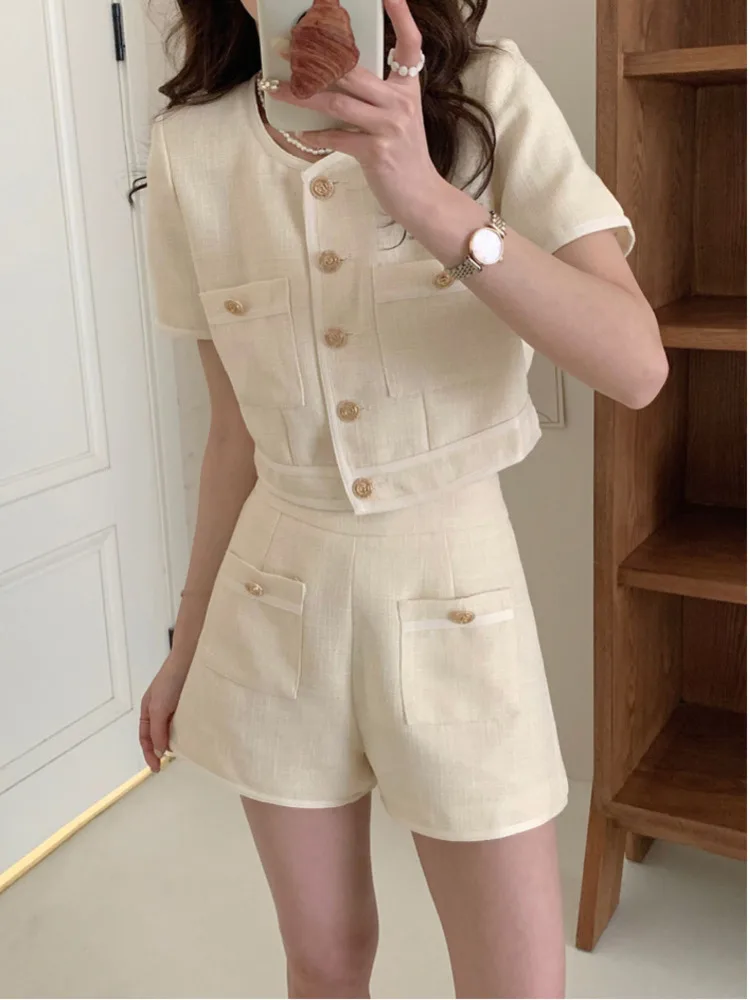 2024 Summer Small Fragrant Tweed Two Piece Set Women Outfits Korean Style Jacket + High Waist Shorts Retro Feminine Casual Suits