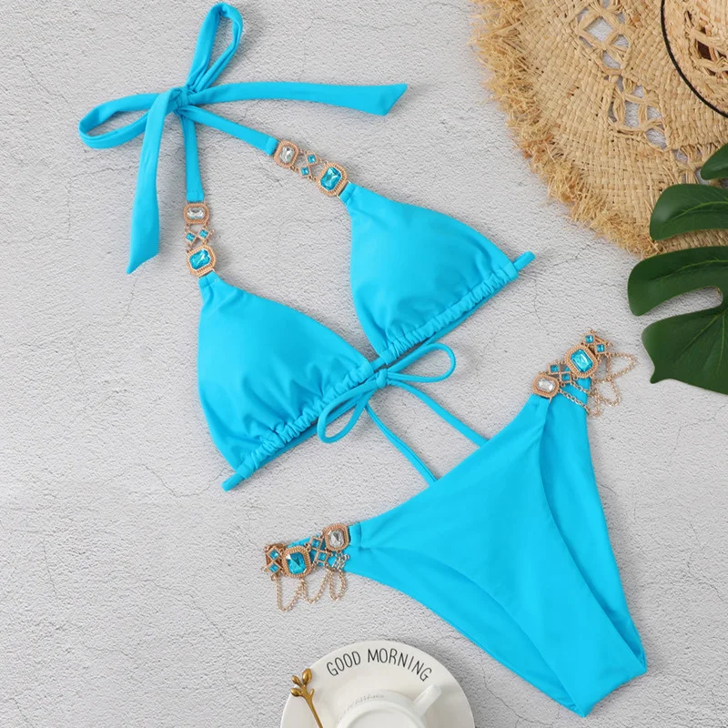 Bañador Sexy con diamantes de imitación para mujer, traje de baño liso con realce, ropa de playa, 2024