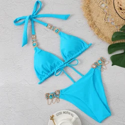 Sexy Women's Swimsuit With Rhinestones Solid Bikinis Female Swimwear 2024 Push Up Bikini Beachwear Swimming Bathing Suit Bather