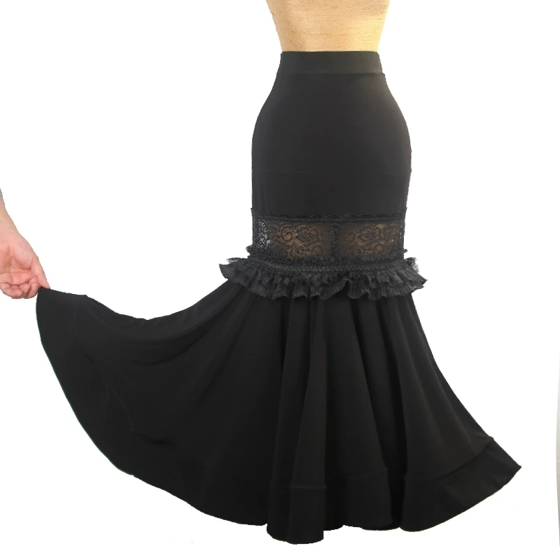 Latin dance women's practice skirt black sexy lace fishtail long skirt adult tango samba rumba professional training costume