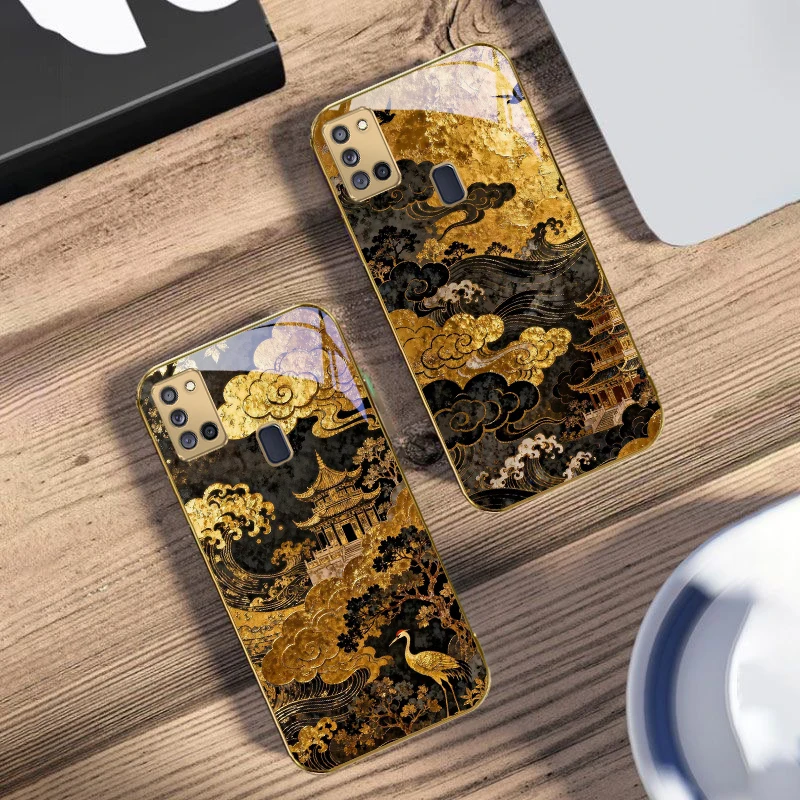 موجات زيادة ذهبية لسامسونج A 31 32 A33 A34 35 14 A15 13 16 25 26 50 52 53 54 55 56 70 71 72 73 حافظة هاتف زجاجية ذهبية