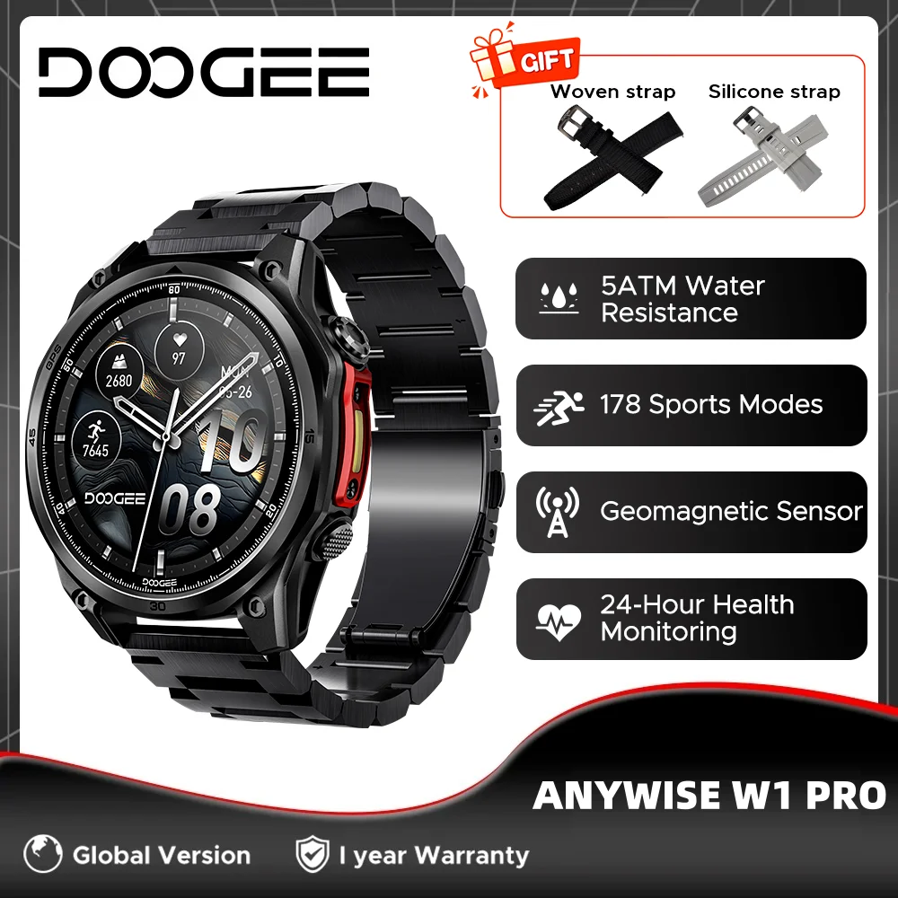 DOOGEE ANYWISE W1 PRO Smartwatch 5ATM Water Resistance 178 Sports Modes Health Monitoring Geomagnetic Sensor Offline Maps