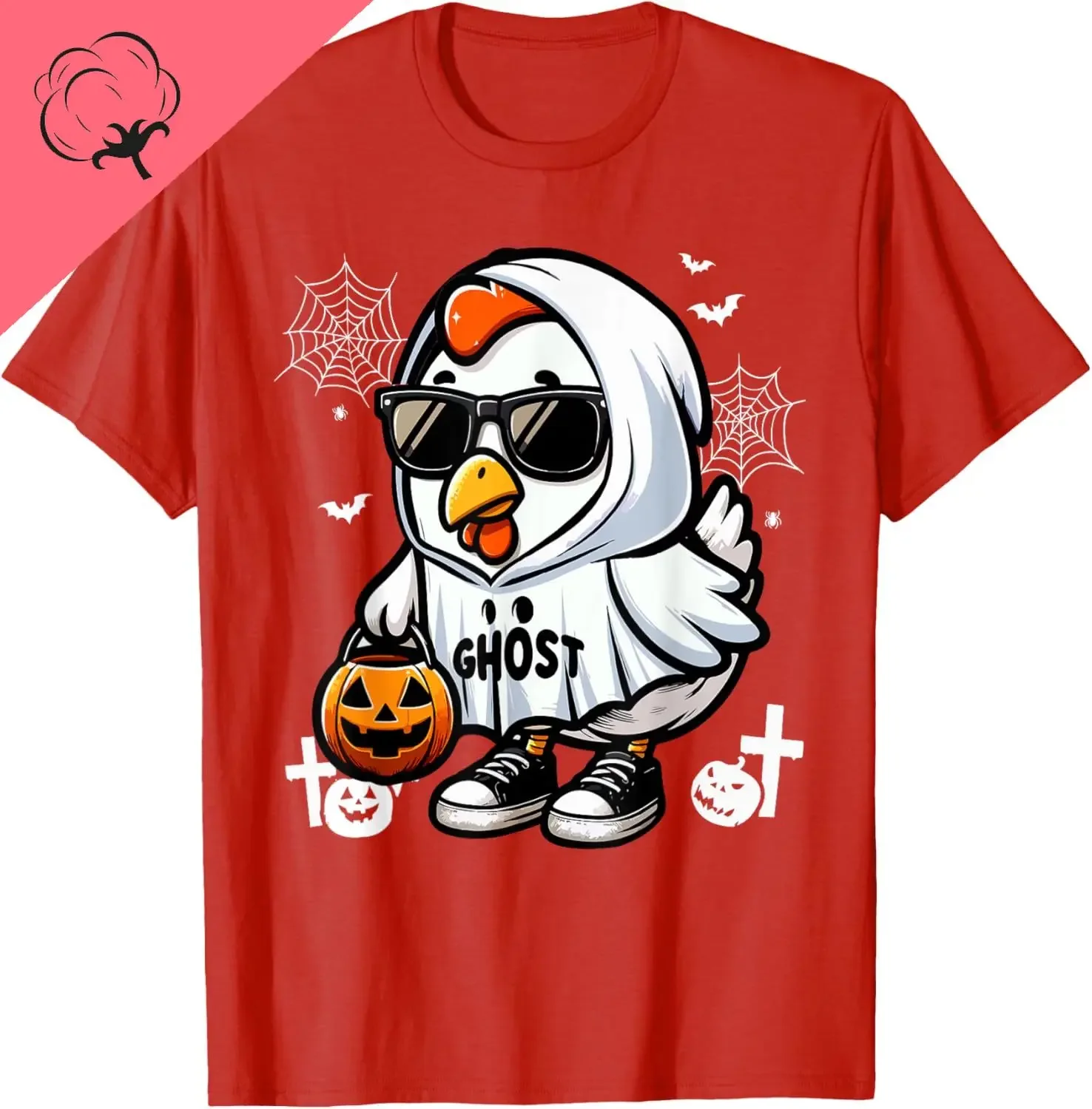 

Funny Ghost Chicken Halloween Trick Or Treat Pumpkin Graphic Tee Cotton T-Shirt Casual