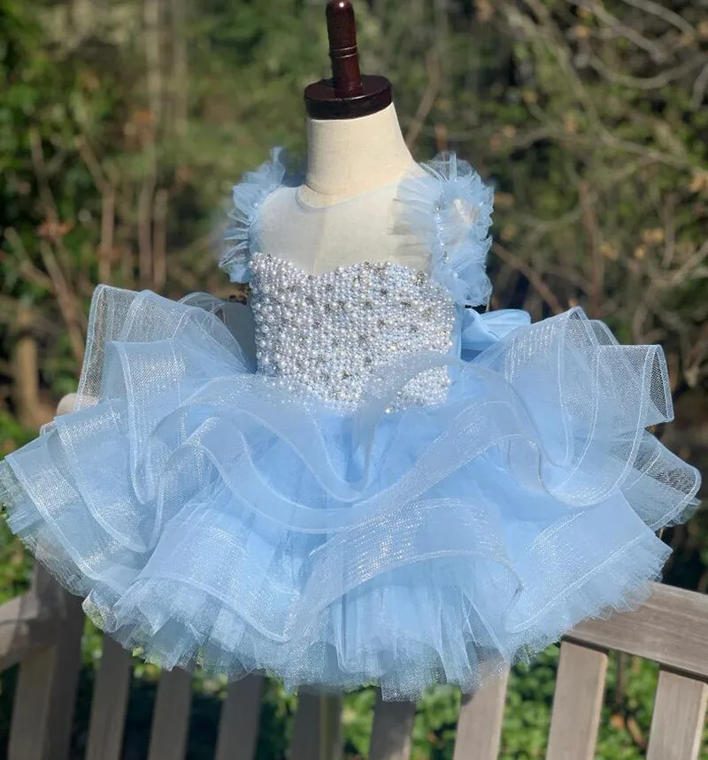 Sky Blue Princess Dress Pearl Beaded Puffy First Communion Dress Flower Girl Dresses Cute Children Girls Dress Custom Made