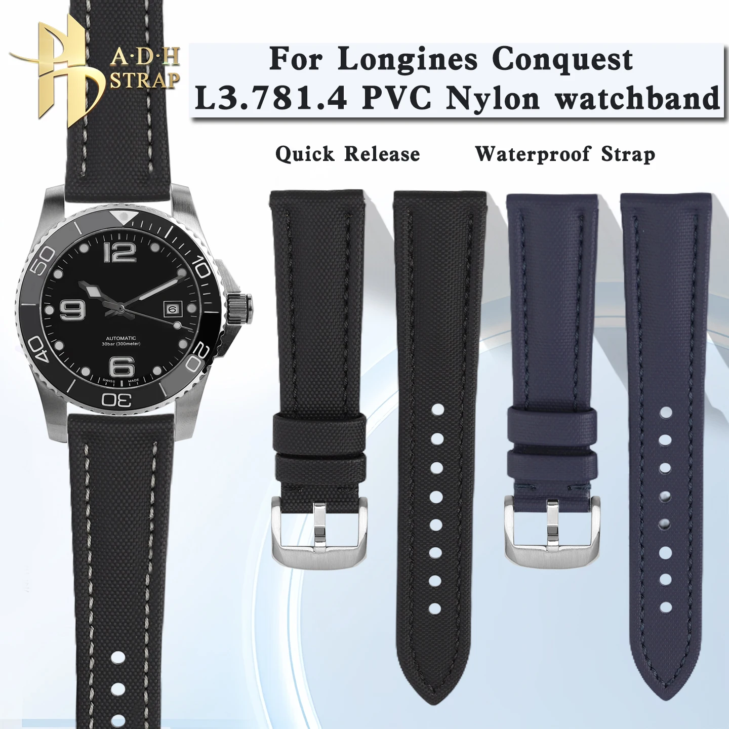 Correa de reloj de cuero con estampado de nailon Universal, 19mm, 20mm, 21mm, 22mm, para Longines CONQUEST L3.781.4 L3.782, correa de reloj de liberación rápida