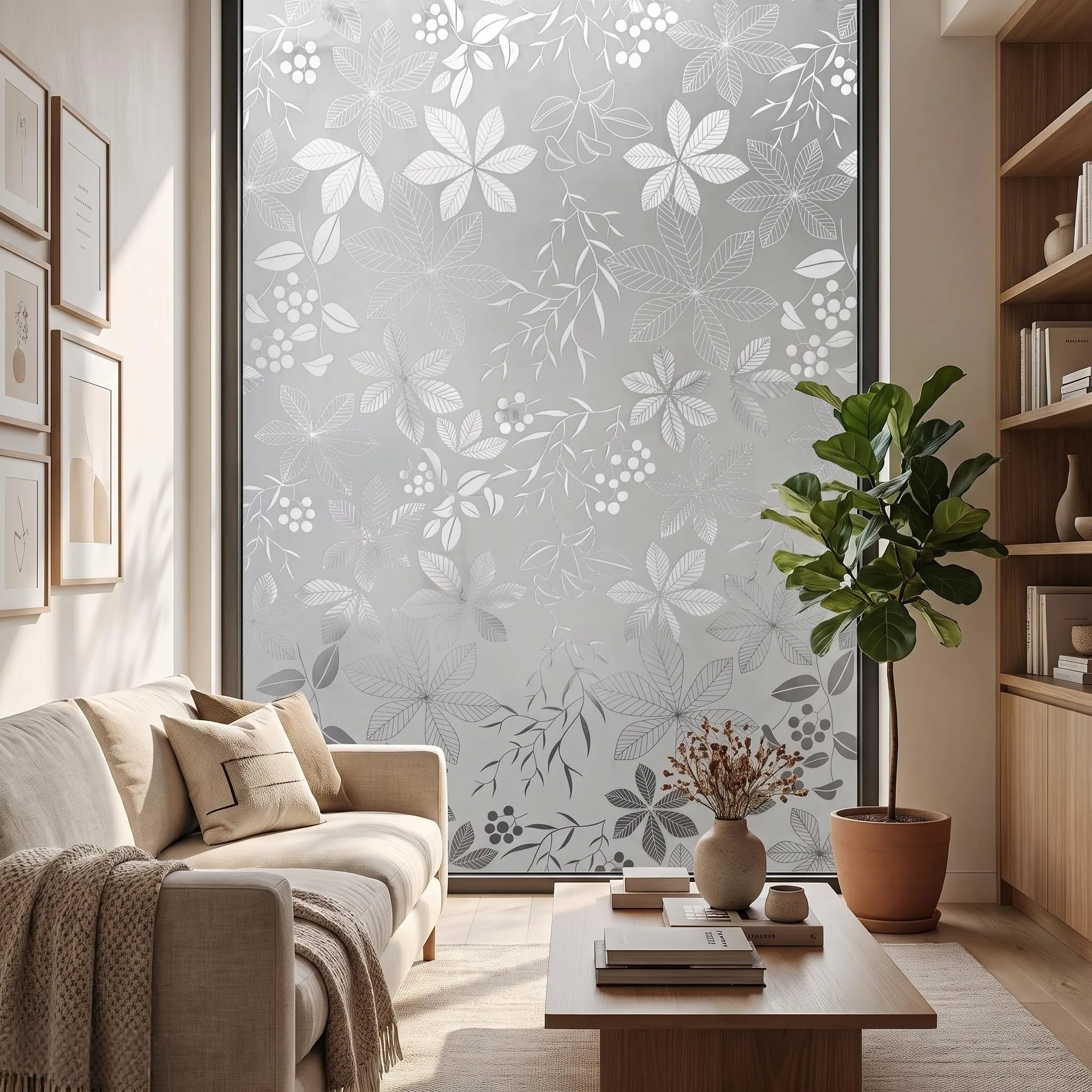 Self-Adhesive White Leaf Floral Frosted Window Film, 95% Privacy Waterproof UV Resistant Removable No Residue Glass Sticker for
