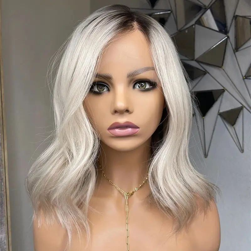

Short Wave Bob White Platinum Blonde Synthetic HD Lace Front Wig Balayage PrePlucked Hairline Heat Resistant Shoulder Length Wig