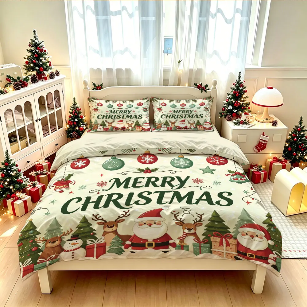 3pcs Merry Christmas Theme Print Down Duvet Cover Set, Multi Size Bedroom Bedding Decoration, Machine Washable
