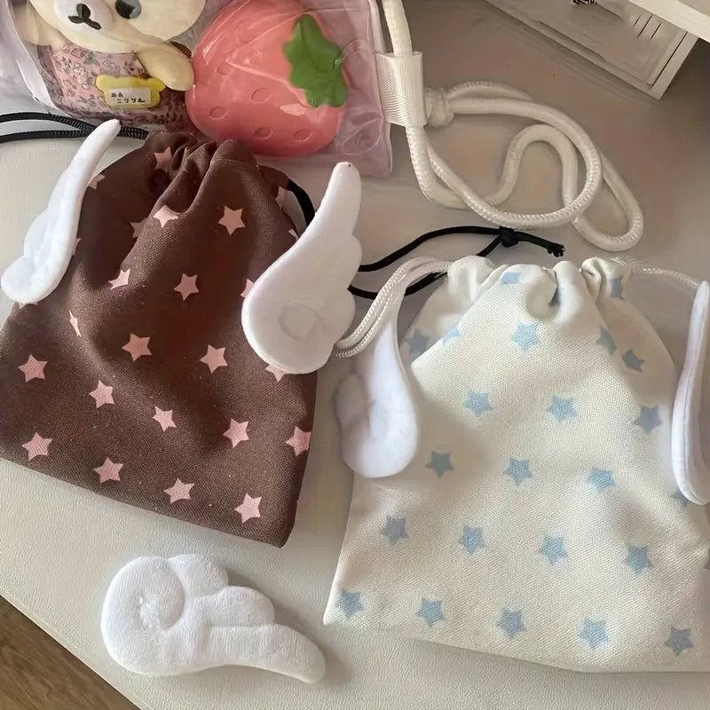 Cute and Fresh Style Plush Winged Star Storage Bag for Jewelry and Stationery, Drawstring Dustproof Organizer Bag, Portable Storage Pouch