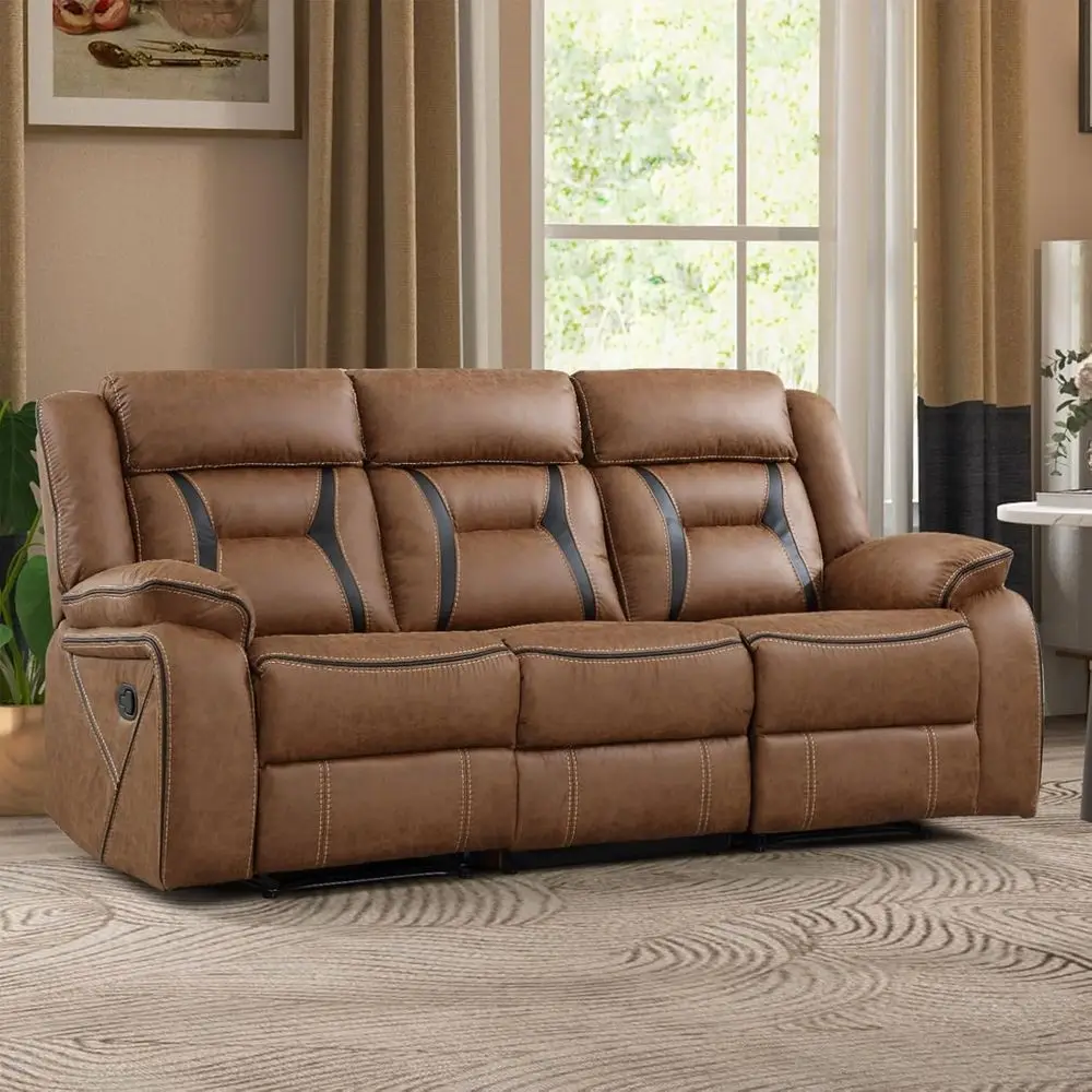 

Leather Manual Reclining 3-Seat Sofa Chair for Living or Meeting Rooms, Brown