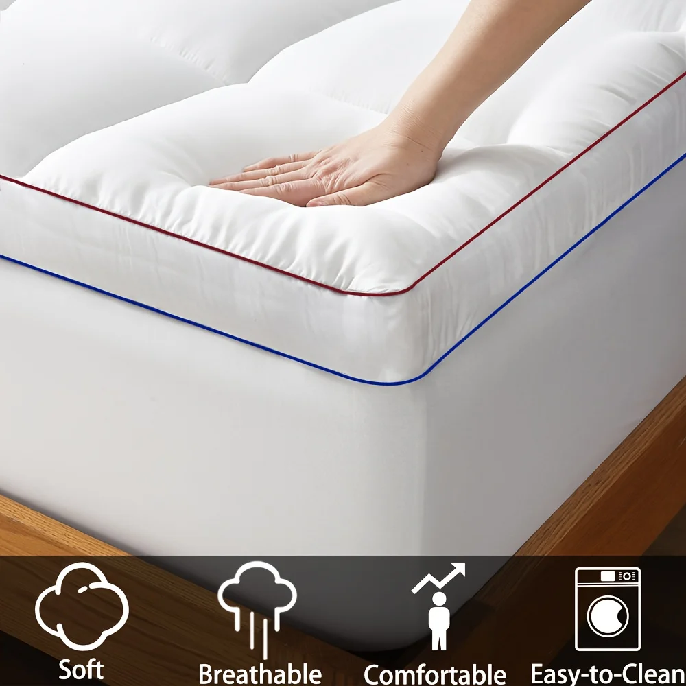 1pc Cooling Mattress Pad, Premium Zoned Quilted Fitted Mattress Topper, Breathable Fluffy Soft Mattress Cover, Machine