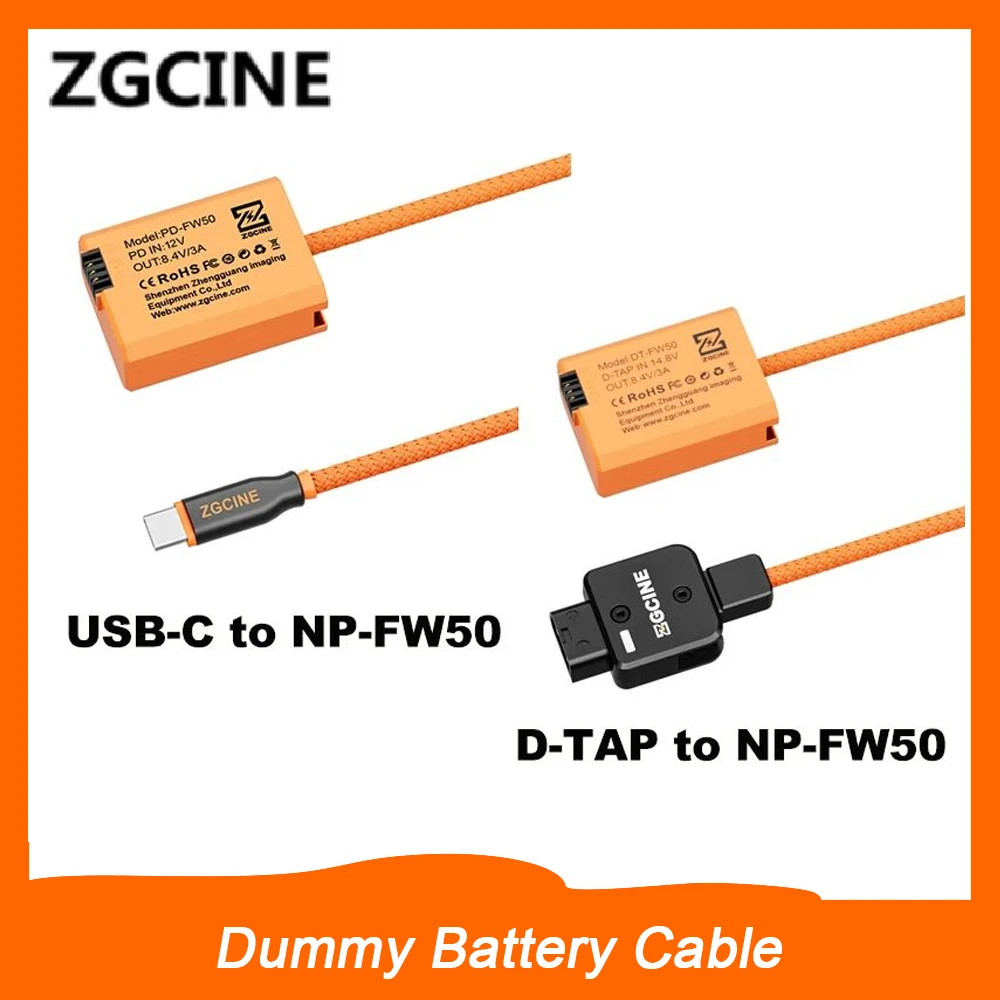 ZGCINE USB-C / D-TAP to NP-FW50 Dummy แบตเตอรี่สายถักแหล่งจ่ายไฟสําหรับ Sony A6000 a6400 a7m2 zve10 a7r2 กล้อง,60 ซม.