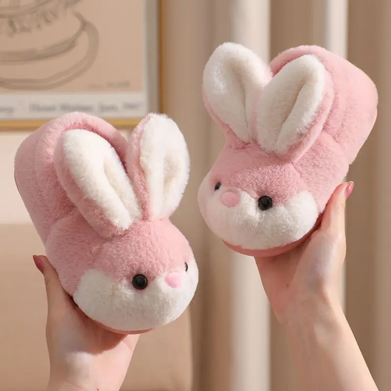 New Winter Cute Rabbit Cartoon Warm Cotton Slippers Children Baby Girls Indoor Floor Flat Non-Slip Heel Wrap Home Plush Shoes