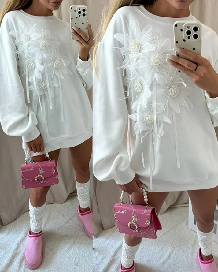 

Women's Sweet Dress 2024 Autumn Latest Round Neck Mesh Floral Pattern Beaded Sweatshirt Drop Shoulder Mini Dress Short Skirt
