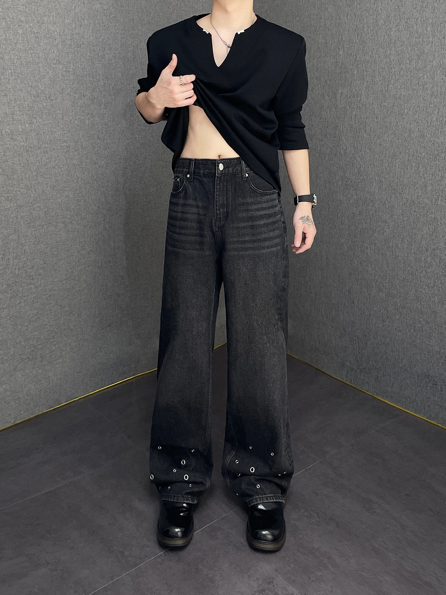

Heavy Metal Hole Decorated Straight Leg Wide Leg Jeans Men's Loose Fit Low Waist Vintage Waed Casual Jeans American Sle