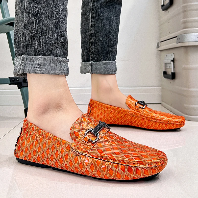 Men Blue Snake Pattern Loafers Metal Buckle Slip On Driving Shoes Casual Business Moccasins Male Footwear