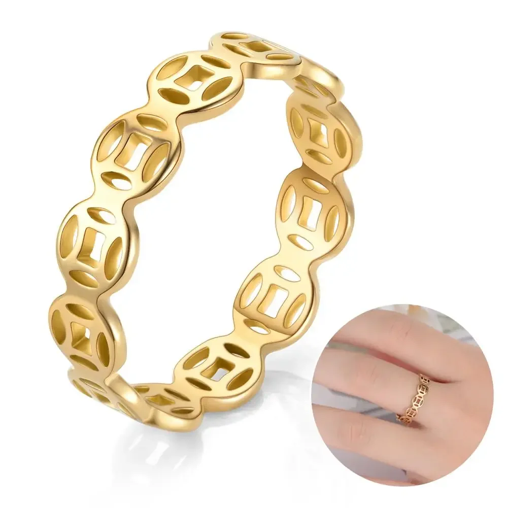 

Stainless Steel Vintage Copper Coin Money Catcher Classic Versatile Wealth Luckly Finger Pentacle Couple Rings Jewelry Gift