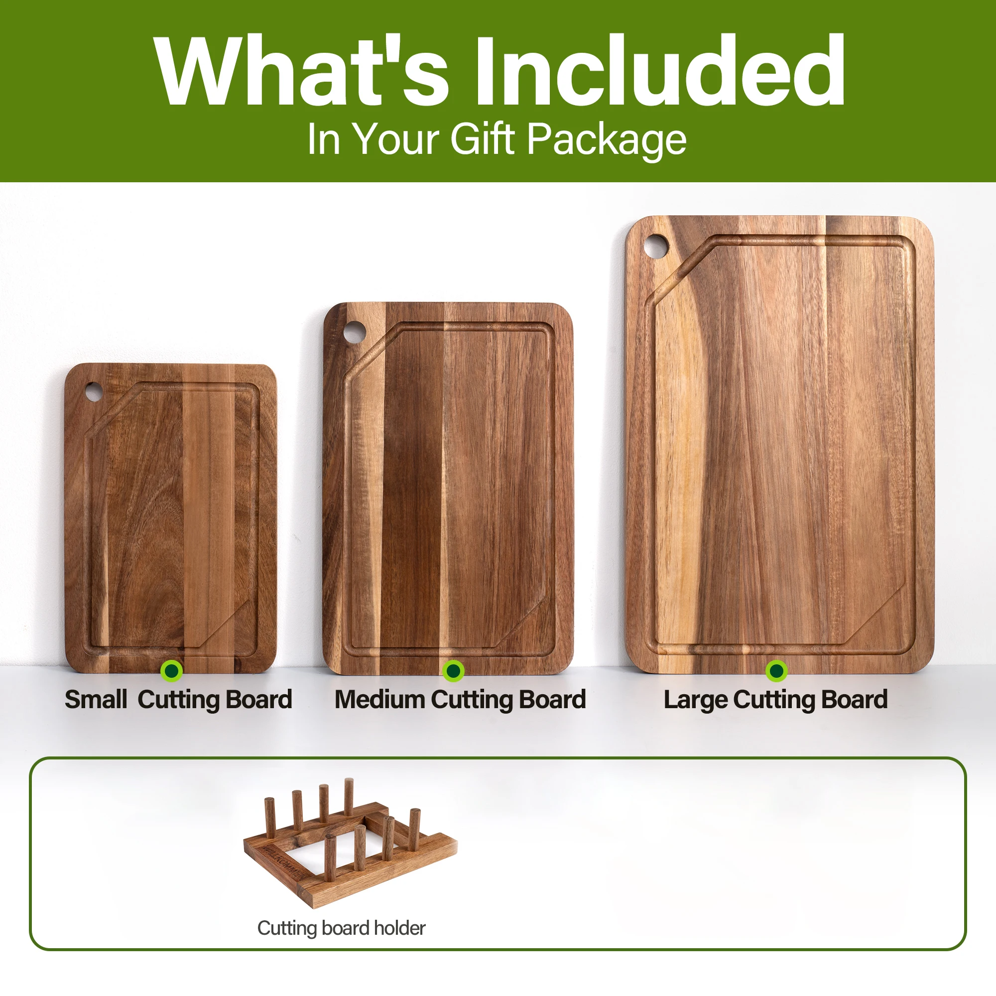 مجموعة من 3 قطع من ألواح تقطيع خشب السنط ذات الفتحات المعلقة لتقطيع صواني فرز الفواكه والخضروات مع أخاديد العصير والرفوف #6