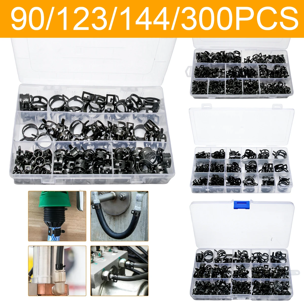 90/123/144/300 PCS Black Elastic Clamp Plate Rubber Oil Pipe Clamp Clip Ring Throat Clamp Clip Metal Clamp Hose Fastening Clamp