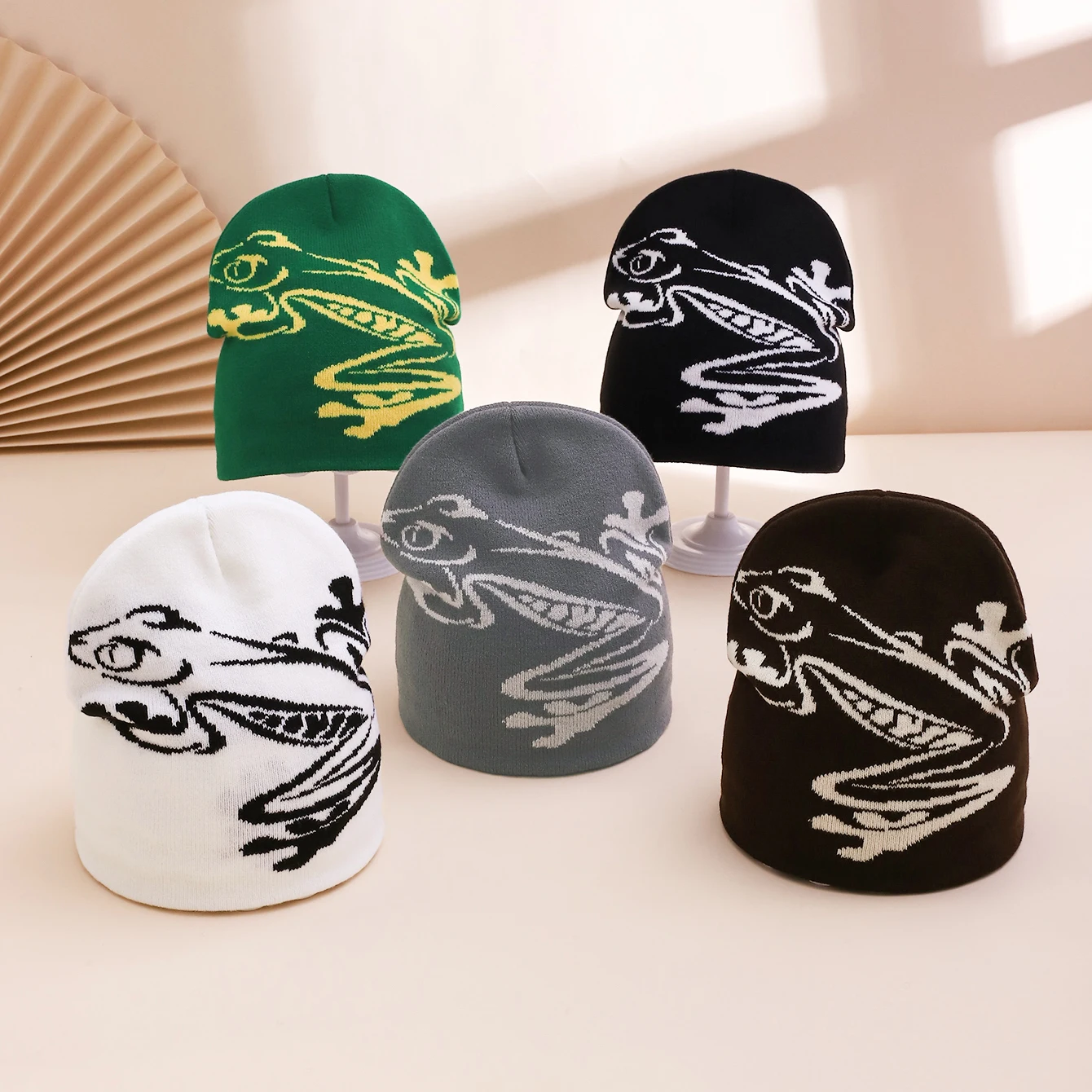 Autumn Winter New Frog Jacquard Knit Hat, Fashionable Elastic Woolen Cap Street Style Warm Beanie, Stylish Cold Weather Headwear