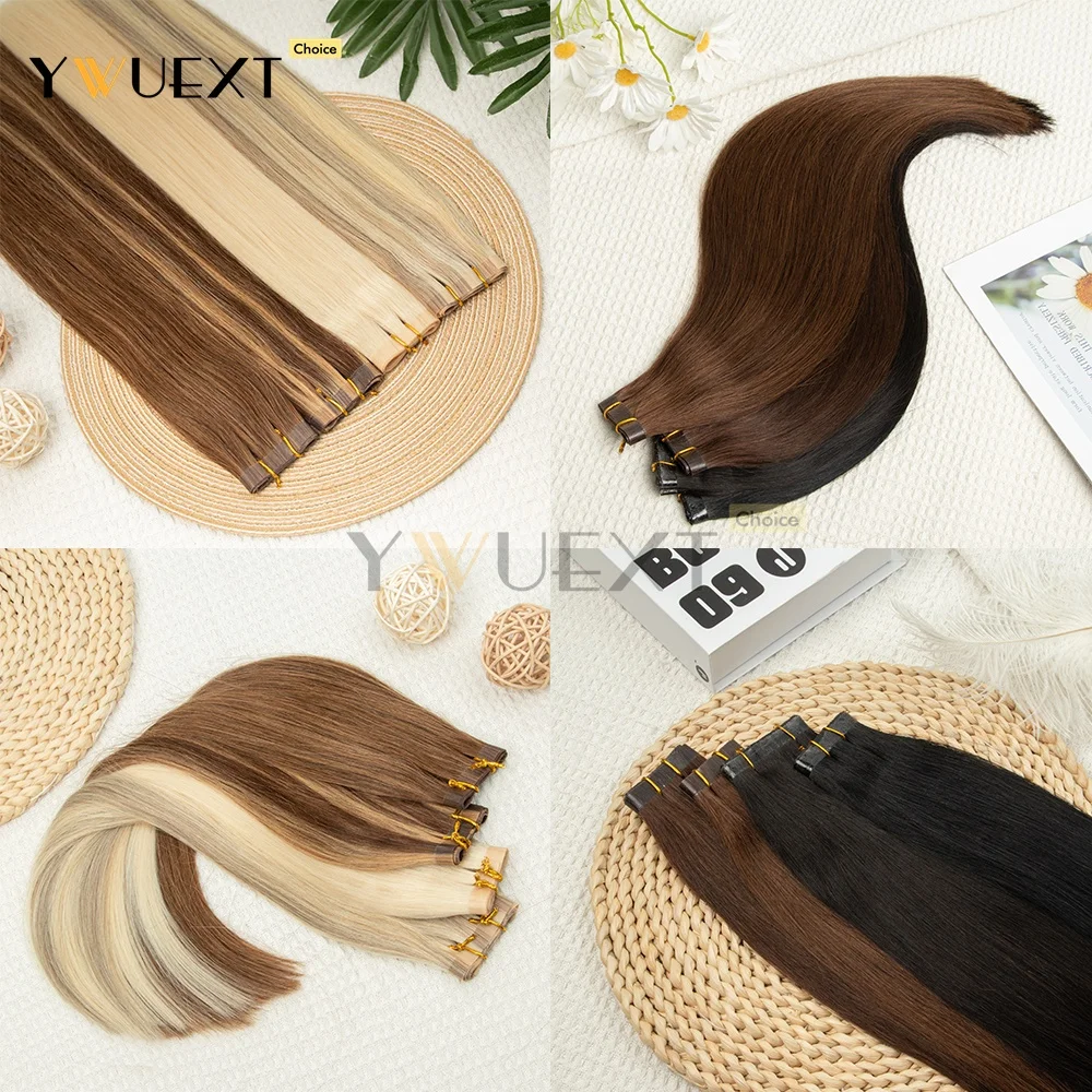 Long PU Flat Weft Seamless Tape Bundles Human Hair 40G-50G Invisible PU Skin Weft Hair Extension Tape On Hair for Women YWUEXT