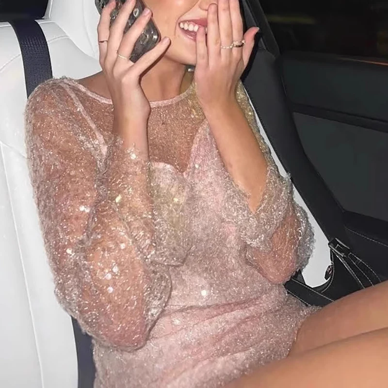 2025, neue Nette Casual Wear Durchsichtig Rosa Pailletten Kleid Sexy Dame Backless Club Party Sling Sommer Schlank Prom Lange Kleider Mujer