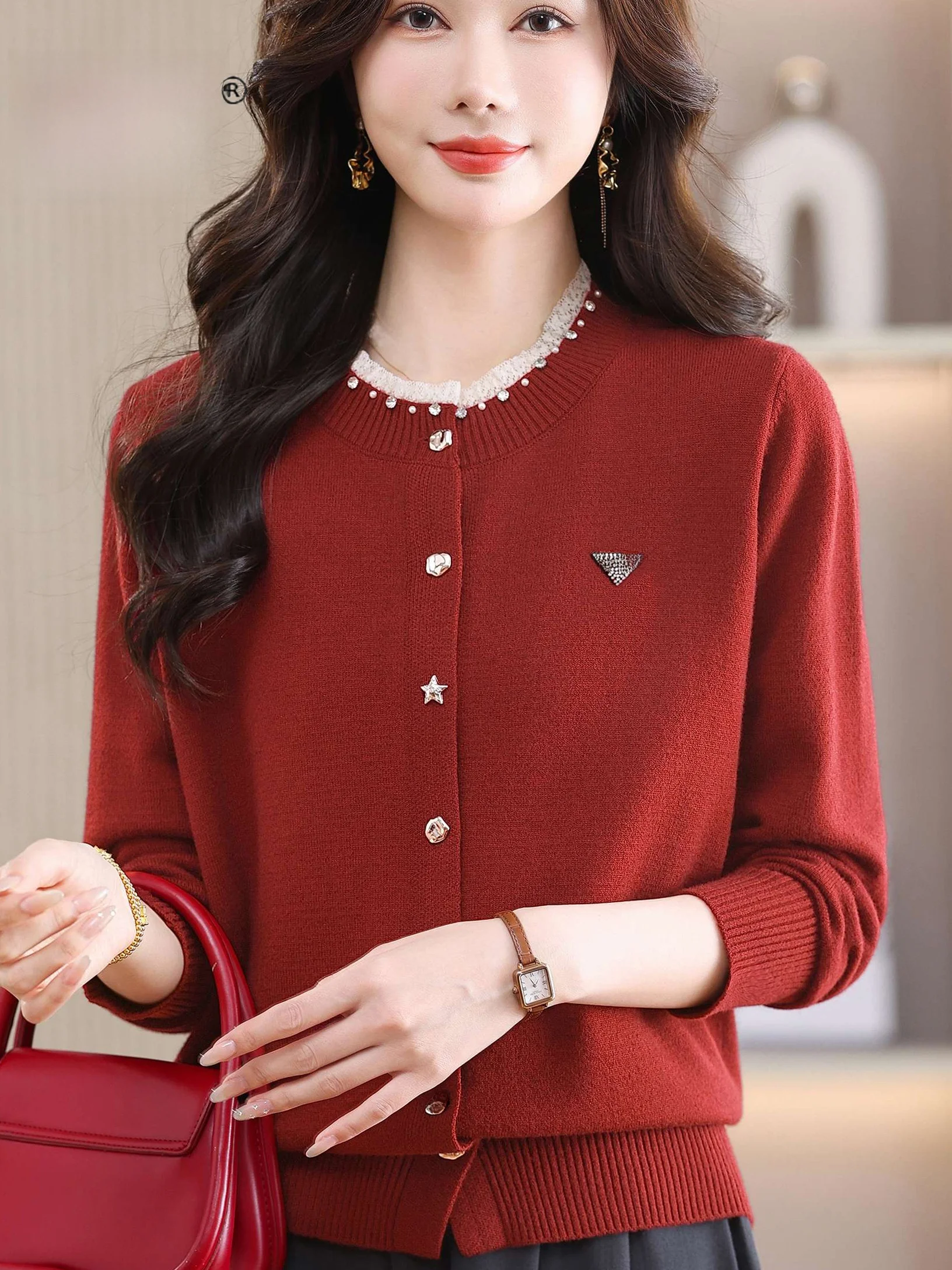 

Ele Lace Trim round Ne Open Cardigan Sweater Light Weight Svel Mom Sle Faionable Spring Outerwear for Middle-...