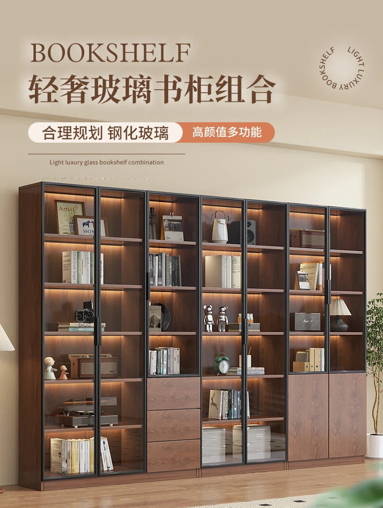 Retro style medieval bookcase glass door display wine cabinet household living room integrated whole wall to top bookshelf figur