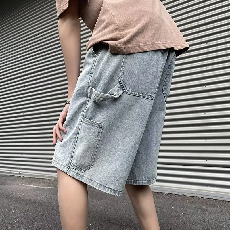 

Мужские джинсы из денима в стиле ретро, летние, свободного кроя, модные, в уличном стиле, прямые, с завязками на талии, длина до колена