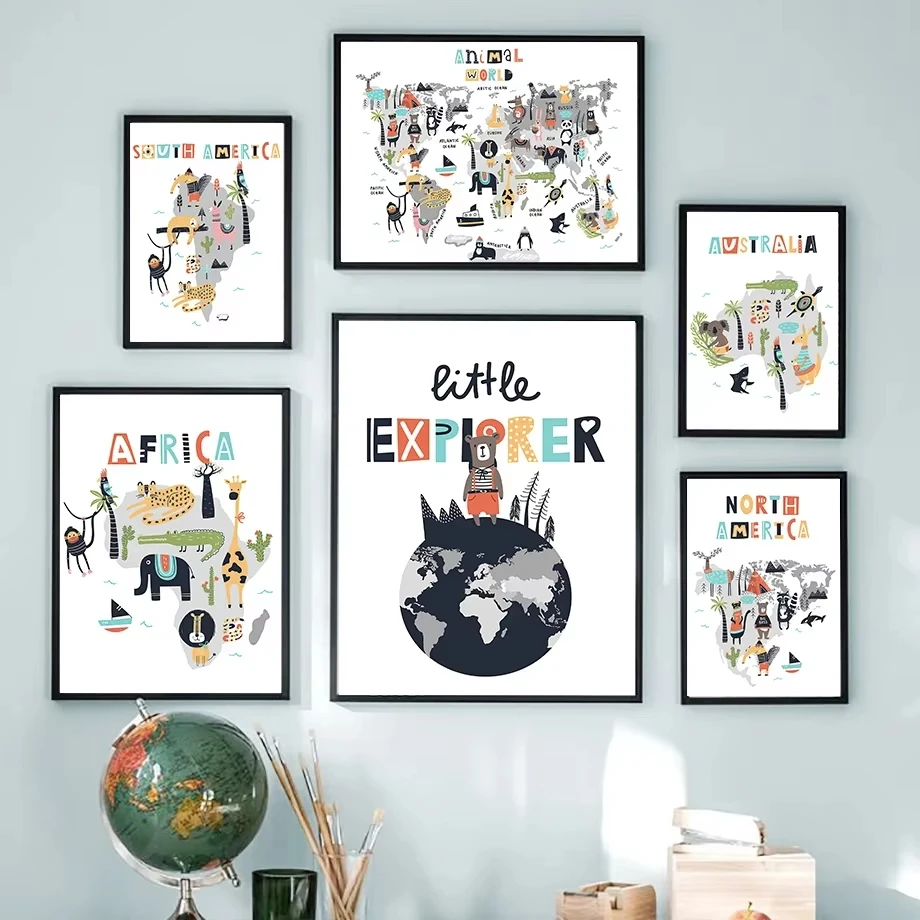 الحيوان خريطة العالم اكسبلورر جدار الفن قماش غرفة الاطفال الشمال المشارك طباعة ديكور غرفة نوم الطفل جدار صور موضوع تعليمي
