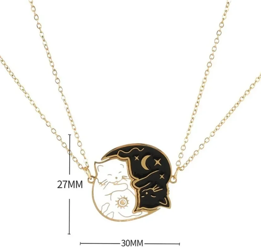 2 Stücke Edelstahl Schwarz Weiß Katze Halskette Liebe Umarmung Katze Passenden Paar Anhänger Halsketten BFF Schmuck für Frauen Freund – Detail 2