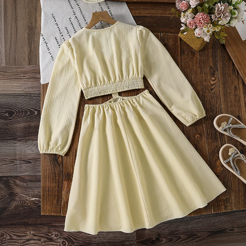 Teen Girls Light Yellow Textured Dress, Ruched Front Lace Trim Long Sleeve Cutout Waist Casual Daily Dress