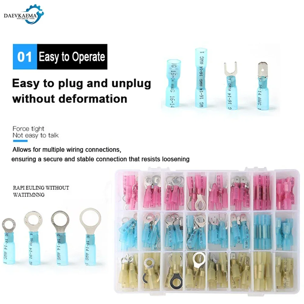 320pcs Marine Grade Heat Shrink Ring Connectors Wire Connectors Tinned Red Copper Insulated Ring Crimp Terminals with Box