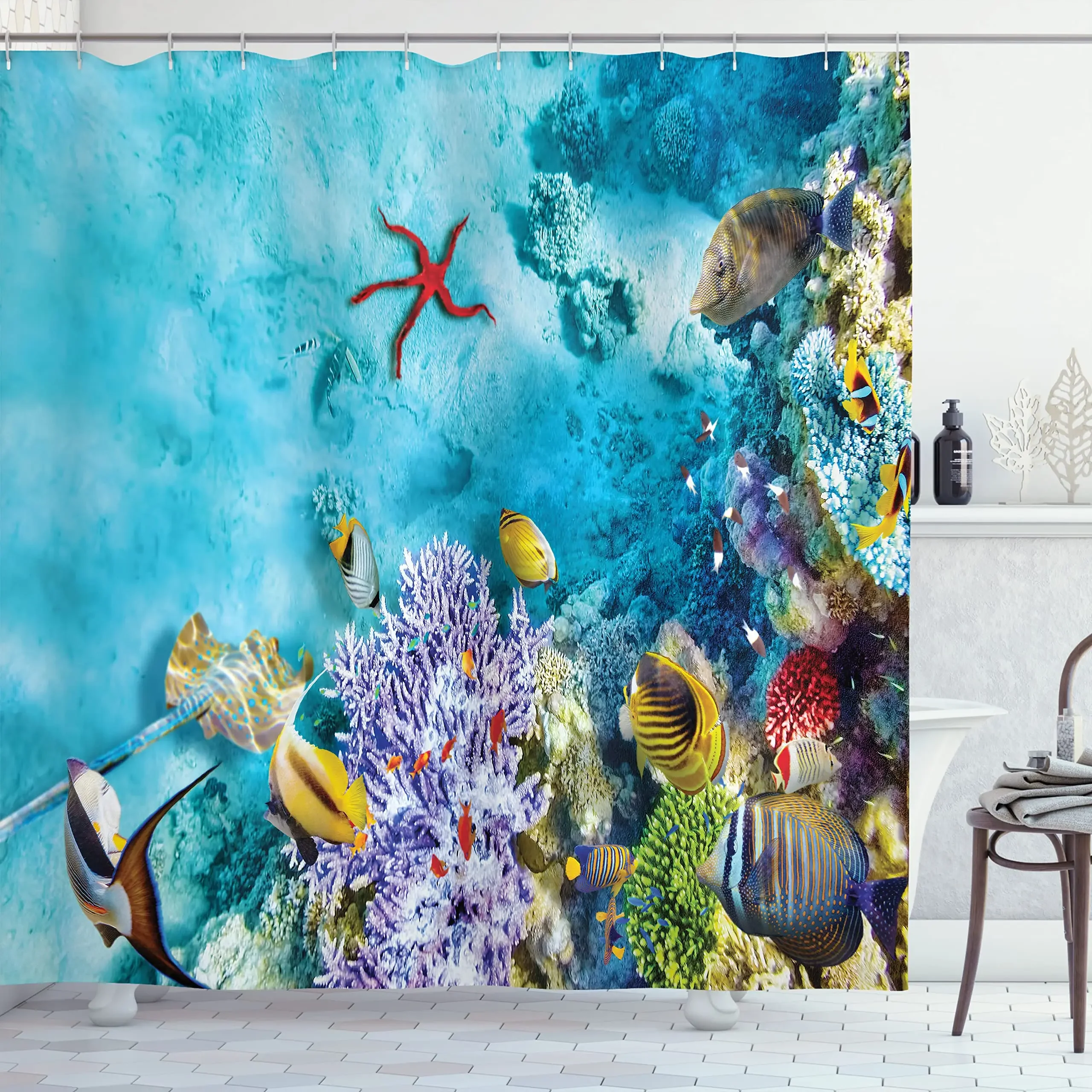 Ocean Shower Curtain, Corals Fishes Jellyfish Scatefish Starfish In Shallow Underwater,Waterproof Fabric Bathroom Curtains