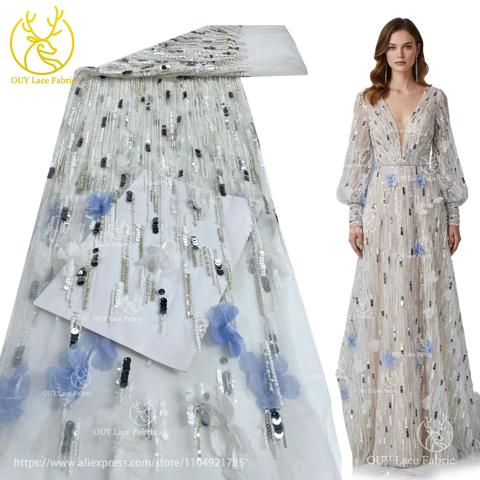 

White New Design Africa 3D Applique Beaded Tulle Fabric 2025 High Quality French Sequin Embroidery Lace Fabric for Party Dresses