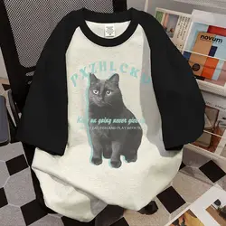 Summer High Street Men and Women Trendy Personality Kitten Printed Round Neck Short Sleeve Couple Loose Casual T-shirt Top y2k