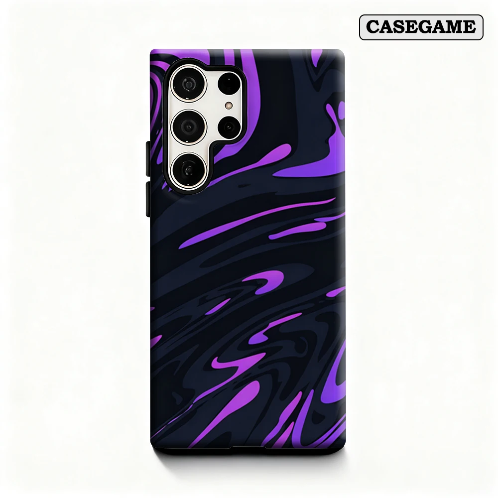 Casegame Phone Case for Samsung Galaxy S26 S25 Ultra S24 Plus Shockproof Double Layer Tough Back Purple Black Marble Swirl Cover