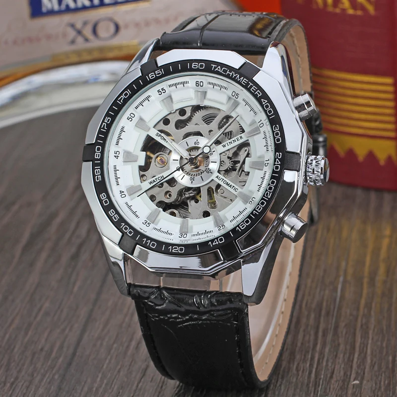 High-quality Winner official retro Waterproof Men Transparent Skeleton Watches Leather Mechanical Automatic Tourbillion Clock