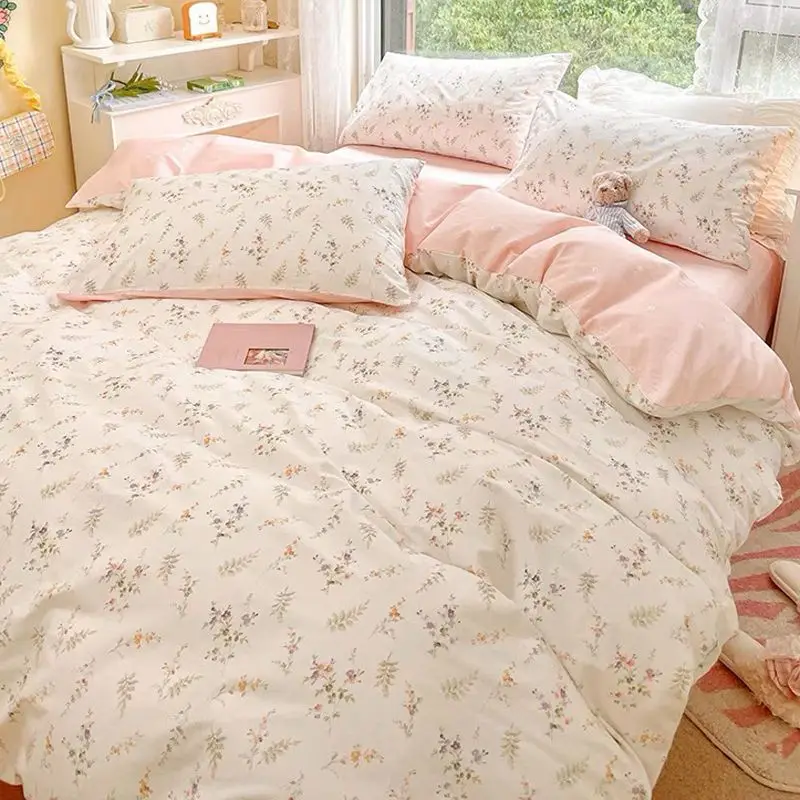 Vintage Floral Duvet Cover Set Flat Sheet Pillowcases INS Cherry Bedding Single Twin Full Size Bed Linens Decor Home for Girls