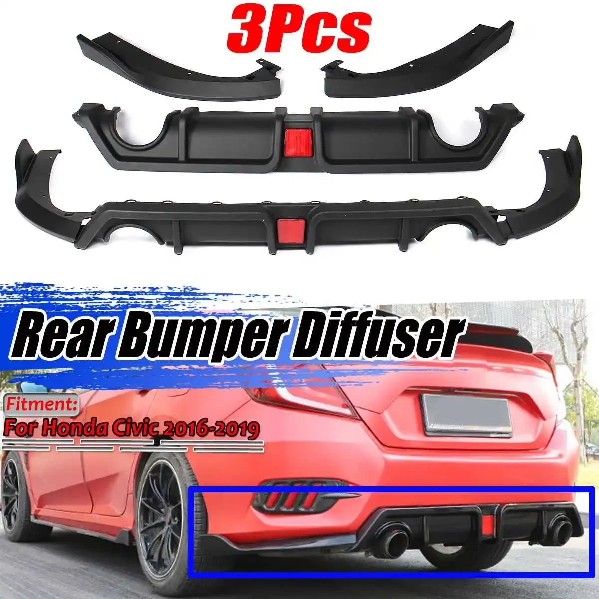 

For Honda Civic 2016-2019 Carbon Fiber Look Car Rear Bumper Diffuser Splitter Lip Spoiler Bumper Guard Protector Car Accessories