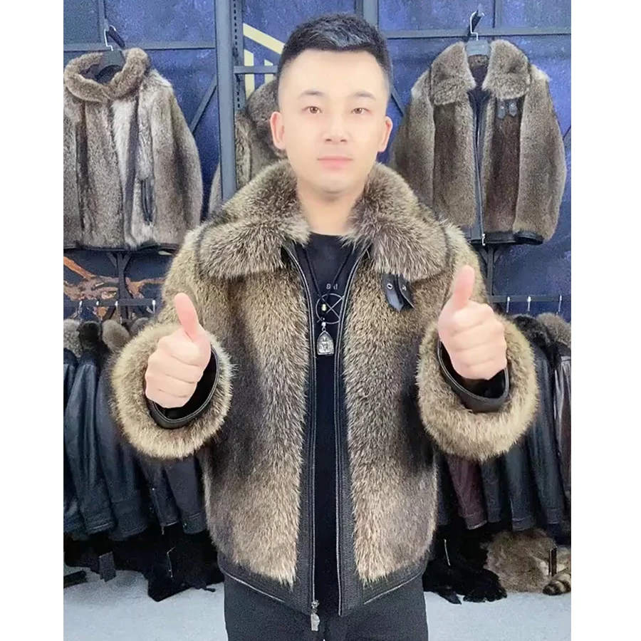 

Real Raccoon Fur Coat For Men Fashion Winter Warm fur Outwear Causal Short Thick Jacket