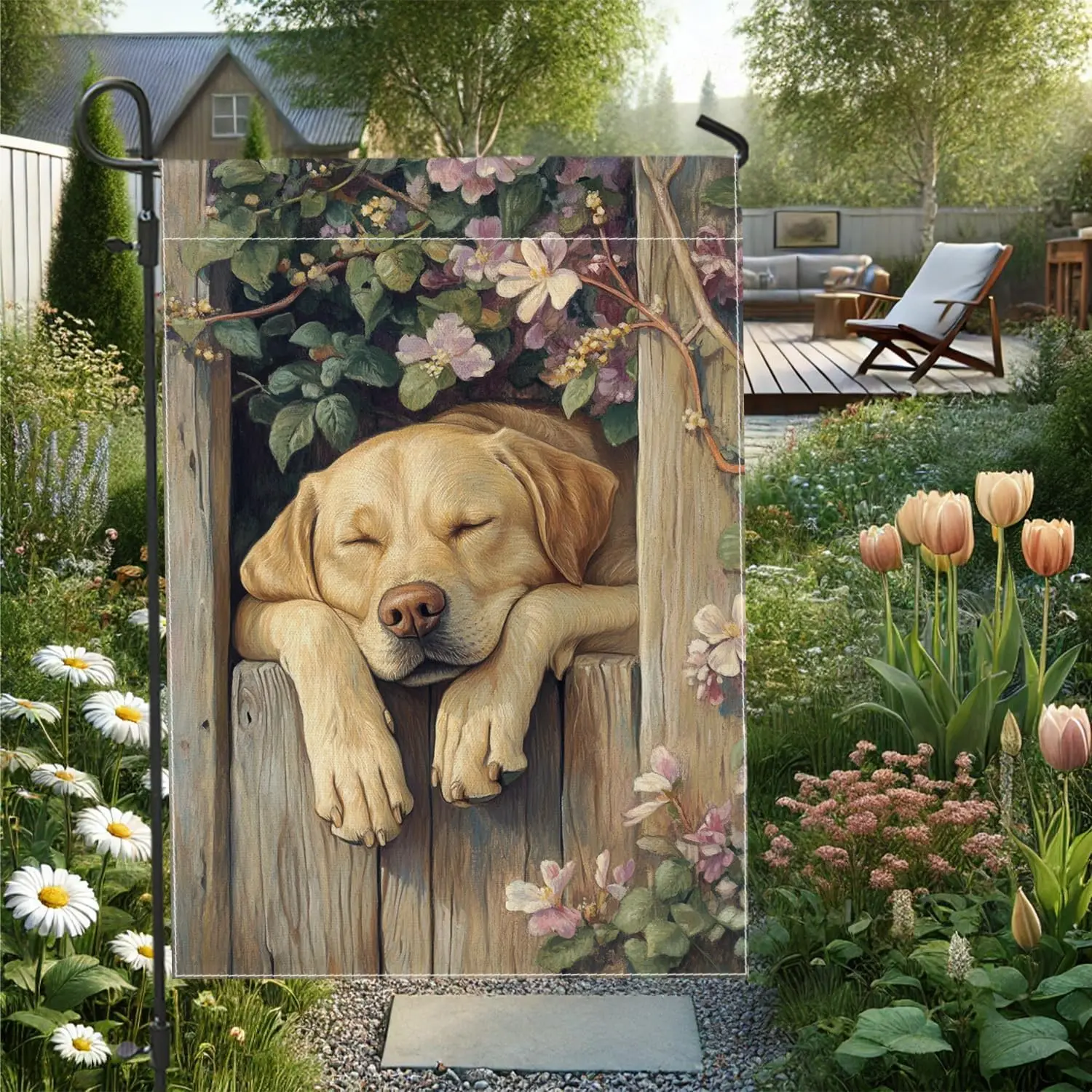 Summer Floral Garden Flag, Yellow Lab Dog Sleepy Home Decor Garden Banner, Double Sided Burlap Yard Flag Outdoor Lawn Decora hhz
