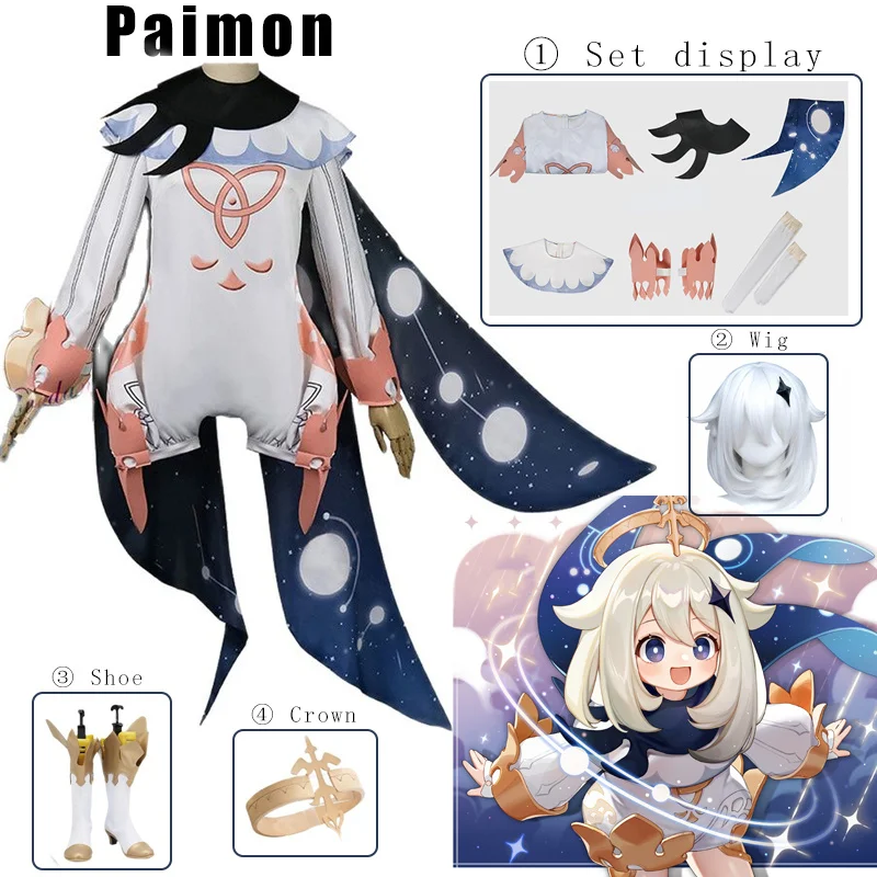 Genshin Impact Cosplay Paimon Outfit Party Dress Uniform Anime Wig Cosplay Costume Cute Kawaii Halloween Costumes For Women Girl