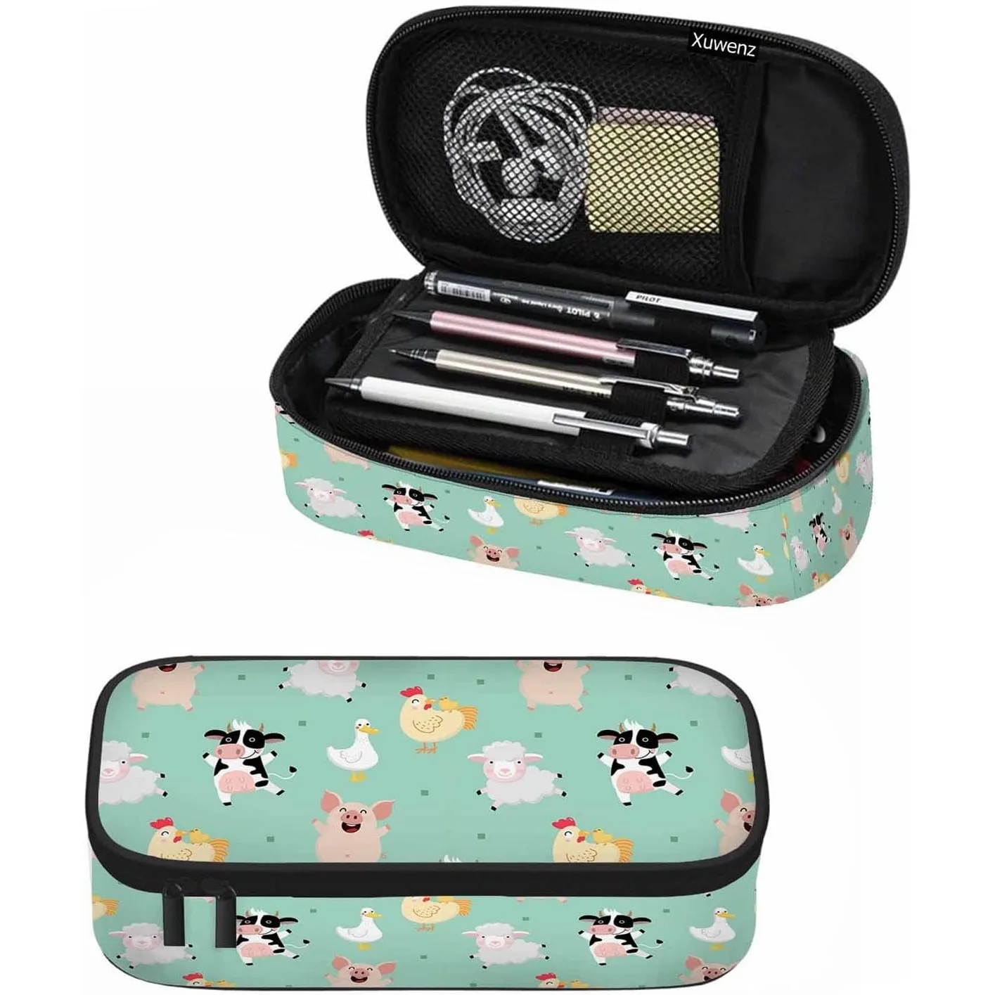 Farm Animal Pencil Case Cute Pig Duck Cow Hen Chicken Sheep Green Pencil Bag Pen Markers Pouch Holder Organizer for Students