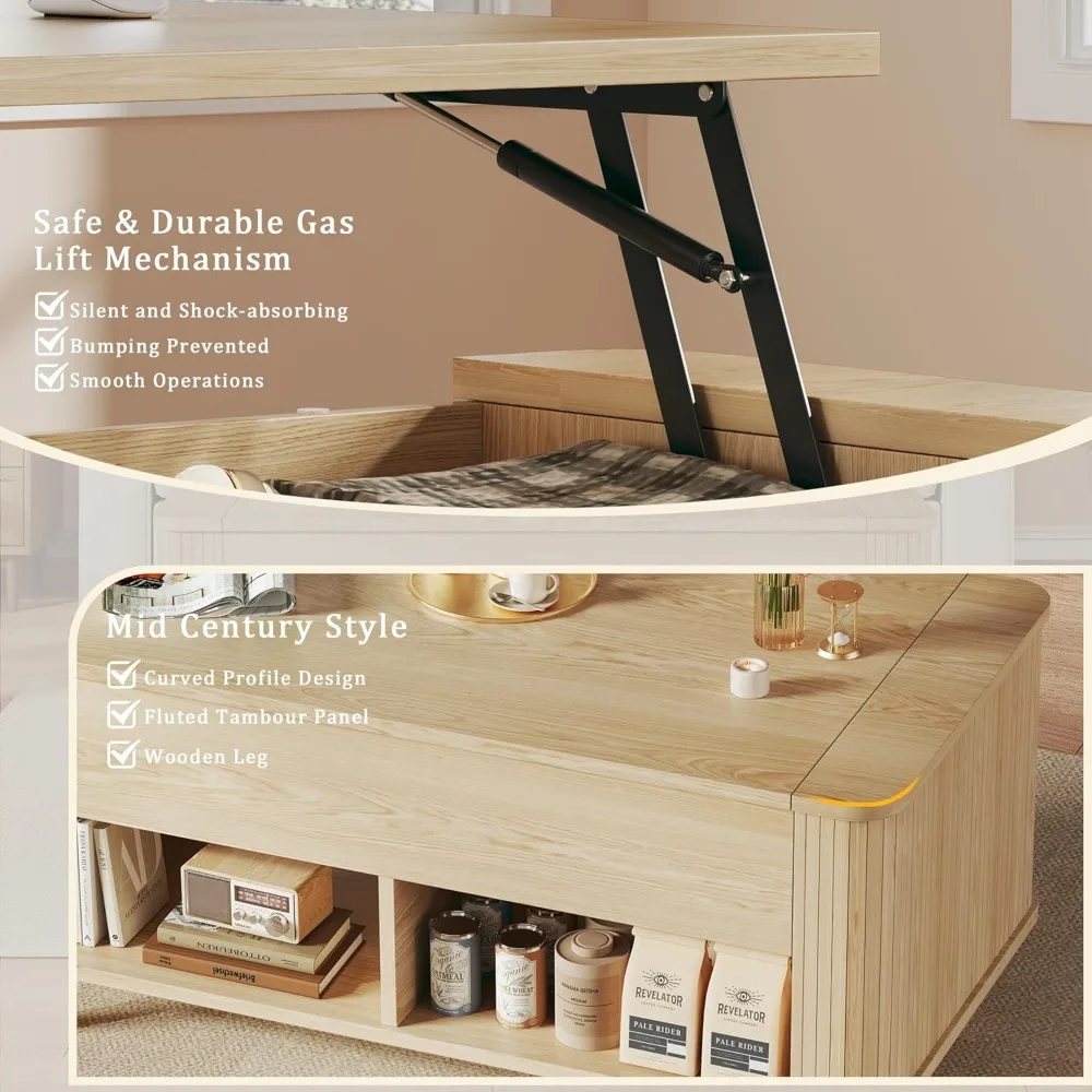 

Lift Top Coffee Table with Storage, 41" Mid Century Modern Coffee Table with Fluted & Curved Profile Design, Customized